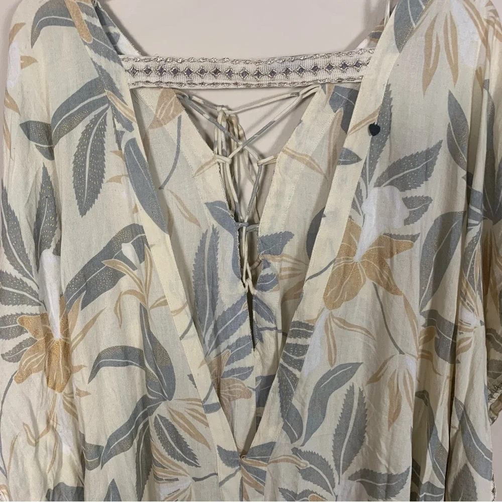 Z&L Tropical Leaf Print Kaftan Maxi Dress Metallic Embroidery Tassel - Picture 13 of 14